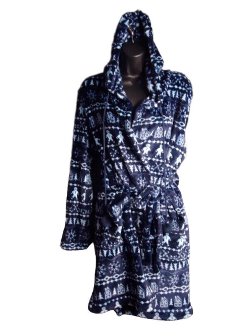 Sleep Chic Holiday Gingerbread Hooded Robe W/Pockets Super Soft Sz Medium Navy